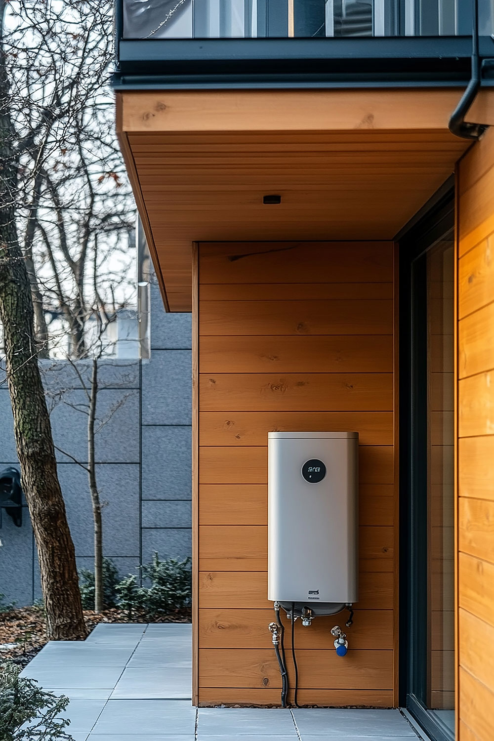 tankless water heater installed outside residential home